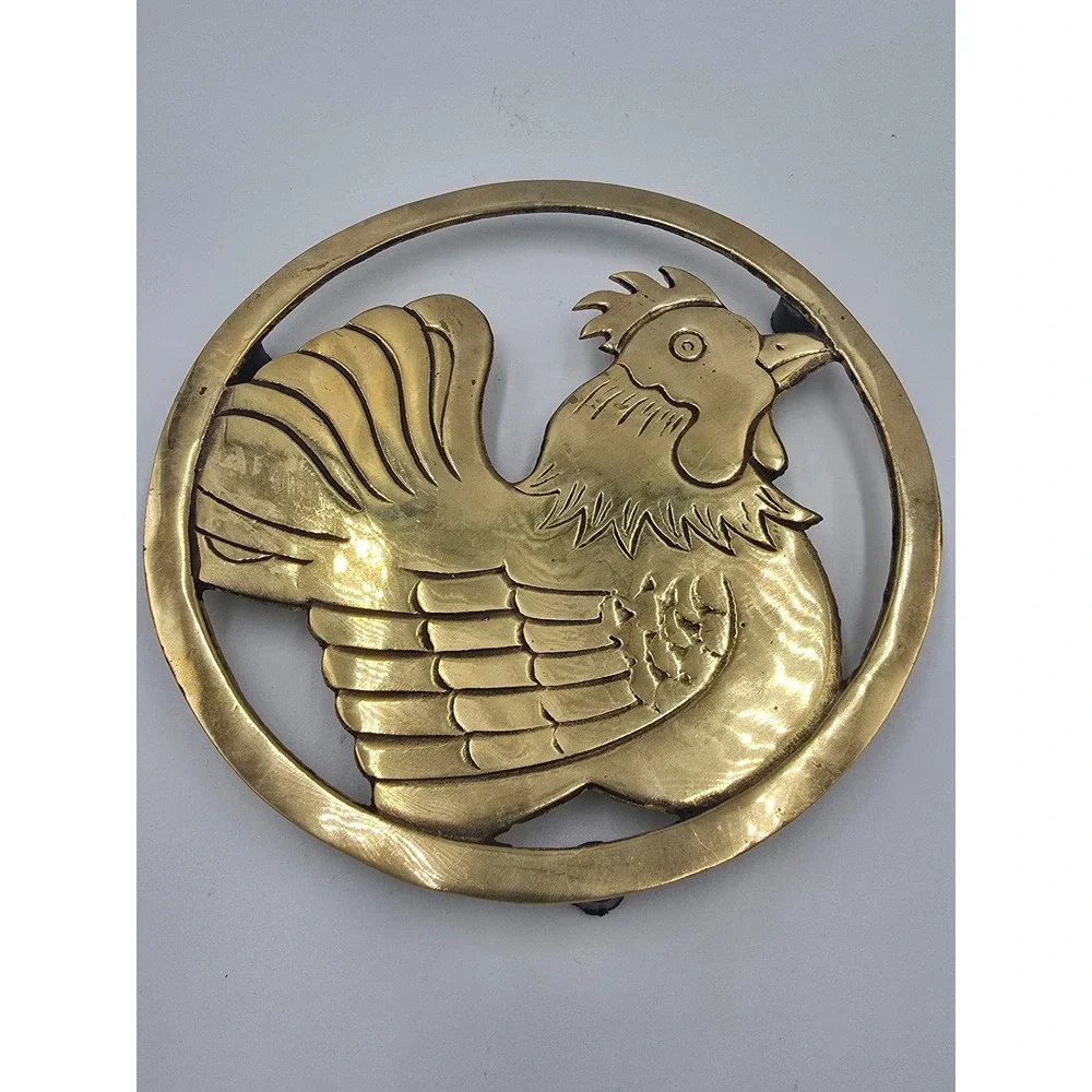Vintage Brass Rooster Trivet Circular Farmhouse Kitchen Hot Plate Made in Taiwan